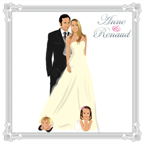 Faire-part de mariage dessin original Thème chic avec enfants sous robe de mariée Faire-part de mariage dessin original d'après photos. Thème chic avec enfants sous robe de mariée - enfant annonce mariage © Studio Postscriptum