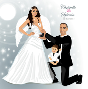 Faire-part de mariage dessin original d'après photos. Thème ange plumes avec enfants sur genoux papa - enfant annonce mariage Faire-part de mariage dessin original d'après photos. Thème ange plumes avec enfants sur genoux papa - enfant annonce mariage © Studio Postscriptum
