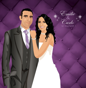 Faire-part de mariage dessin original d'après photos. Thème chic glamour lounge matelassé - violet © Studio Postscriptum Faire-part de mariage dessin original d'après photos. Thème chic glamour lounge matelassé - violet © Studio Postscriptum