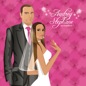 Faire-part de mariage dessin original d'après photos. Thème chic glamour lounge matelassé - rose © Studio Postscriptum Faire-part de mariage dessin original d'après photos. Thème chic glamour lounge matelassé - rose © Studio Postscriptum