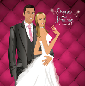 Faire-part de mariage dessin original d'après photos. Thème chic glamour lounge matelassé - fushia © Studio Postscriptum Faire-part de mariage dessin original d'après photos. Thème chic glamour lounge matelassé - fushia © Studio Postscriptum