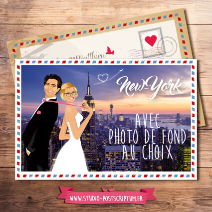 carte_postale_mariage-voyage_fairepart faire-part mariage carte postale New-york airmail vintage kraft dessin d'après photos