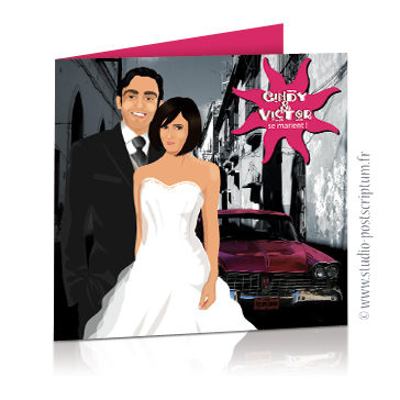 faire-part cuba mariage Faire-part de mariage original voyage – dessin d’après photos. Couple de mariés sur fond de voiture américaine à la Havane à Cuba – noir et blanc et rose fuschia