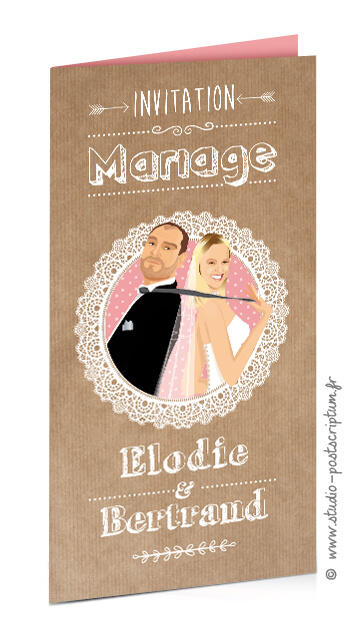 faire-part-mariage-boheme-kraft-dentelle-rose faire-part mariage original romantique – Bohème chic Couple et fleur sur fond kraft – rétro vintage crème vieux rose Bobo chic – Hippy chic