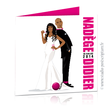 faire-part mariage boulet enchainé Faire-part de mariage original et drôle – dessin d’après photos. Couple de mariés façon Pretty woman avec boulet enchaîné au pied Fun et décalé