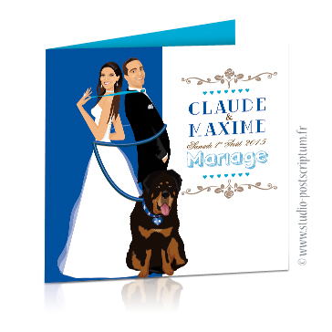 faire-part mariage drôle chien Faire-part de mariage original et drôle – dessin d’après photos. Couple de mariés enroulé par la laisse de leur gros chien Fun et décalé