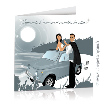 faire-part mariage fiat 500 rome Réf. : FPIT 02 Faire-part de mariage original voyage romantique Couple de mariés dans une fiat 500 en italie gris – rétro – chic – drôle