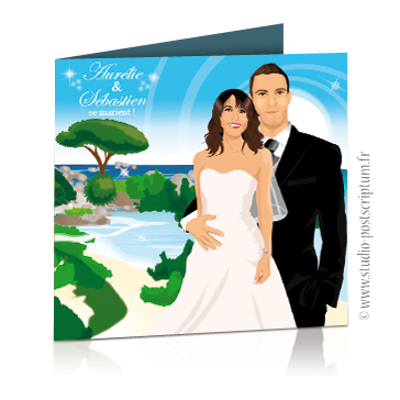 faire-part mariage plage corse Faire-part de mariage original voyage – dessin d’après photos. Couple de mariés sur la plage d’une île paradisiaque corse avec arbre parasol