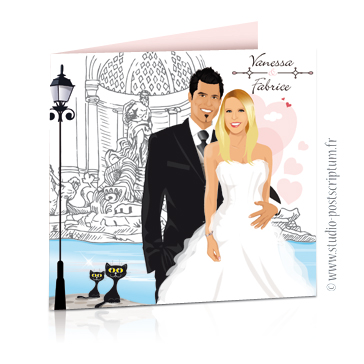 faire part mariage rome trevi Faire-part de mariage original voyage romantique Couple de mariés devant la fontaine de Trevi à Rome gris et rose – vintage – chic – drôle
