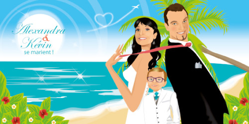 faire-part mariage voyage ile enfant Faire-part de mariage original voyage – dessin d’après photos. Couple de mariés sur la plage d’une île paradisiaque avec des cocotiers et des fleurs exotiques avec enfant