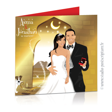 faire-part oriental mariage 1001 nuits or Faire-part de mariage original voyage oriental Couple de mariés sur fond oriental or, blanc et fuschia 1001 nuits, Aladin et lampe de génie frottée par un chien