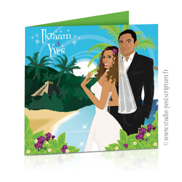 faire-part voyage mexique mariage Faire-part de mariage original voyage – dessin d’après photos. Couple de mariés sur la plage d’une île paradisiaque du Mexique avec des cocotiers et un temple Maya