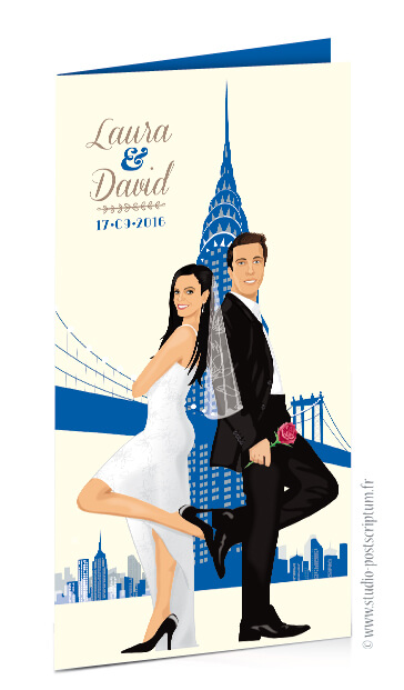 faire-part_mariage_new-york_bleu_vintage Faire-part de mariage original voyage vintage new-york bohème chic rétro d'après vos photos bleu crème