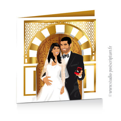 faire-part_mariage_oriental_porte_marocaine Faire-part de mariage original oriental porte marocaine 1001 nuits dessin d'après vos photos or et blanc