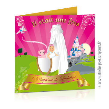 fairepart baptême princesse cendrillon Faire-part de baptême original romantique – dessin d’après photos. Princesse dans un berceau avec fée clochette et château de la Belle au bois dormant