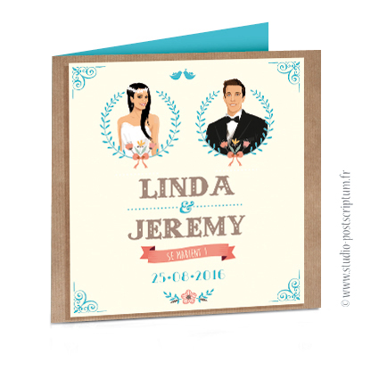 fairepart_boheme_kraft_vintage_bleu_hippy Faire-part de mariage original trendy et romantique - Bohème chic Couple et fleur sur fond kraft - rétro vintage crème et bleu cyan Bobo chic - Hippy chic