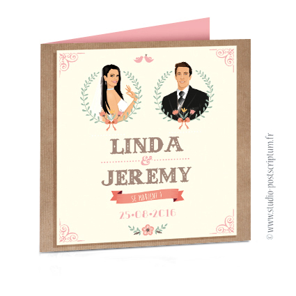 fairepart_boheme_kraft_vintage_rose Faire-part de mariage trendy original romantique - Bohème chic - Couple et fleur sur fond kraft - rétro vintage crème vieux rose Bobo chic - Hippy chic