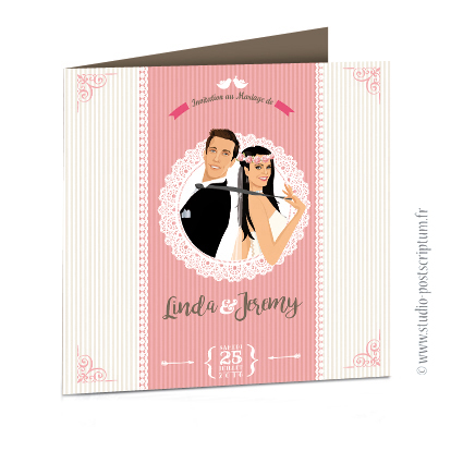 fairepart_boheme_rayure_dentelle_vintage_rose Faire-part de mariage original trendy et romantique - Bohème chic Couple dentelle sur fond kraft nature champêtre - rétro vintage blanc et vieux rose poudré Bobo chic - Hippy chic