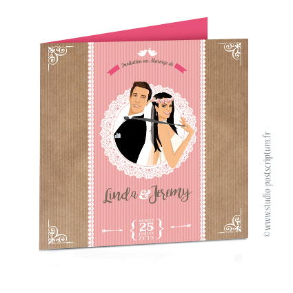fairepart_boheme_rayure_dentelle_vintage_rose_hippy Faire-part de mariage original trendy et romantique - Bohème chic Couple dentelle sur fond kraft nature champêtre - rétro vintage blanc et vieux rose poudré Bobo chic - Hippy chic
