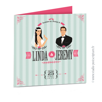 fairepart_boheme_rayure_vert_hippy Faire-part de mariage original trendy et romantique - Bohème chic Couple et fleur sur fond kraft rayé - rétro vintage crème et vieux rose fuchsia Bobo chic - Hippy chic
