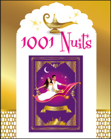 Mariage oriental 1001 nuits - faire-part original, invitation ou save the date sur tapis volant comme Aladdin et Shéhérazade. Portraits dessin caricature - blanc or et violet Bollywood chic vintage et romantique