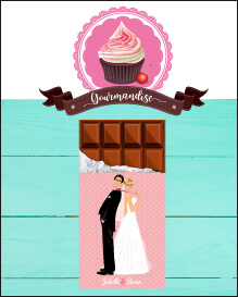 Faire-part de mariage original gourmandise chocolat bonbon candybar et cupcake romantique vintage poudré pois Faire-part, invitation, carton repas, save the date, menu, plan de table, coupon réponse - Portraits dessin caricature - chic vintage et romantique