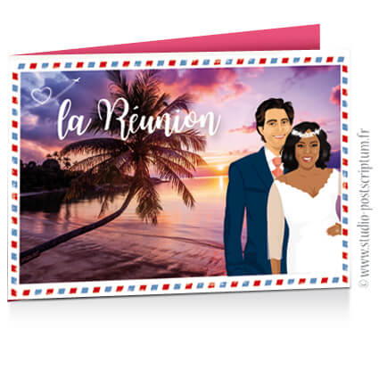 mariage-faire-part-reunion-ile-maurice-plage-palmier-guadeloupe faire part invitation de mariage la réunion iles dom tom ile maurice guadeloupe plage mer sous forme de carte postale rétro vintage airmail - dessin des mariés original romantique chic et élégant