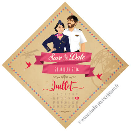 save-date-mariage-hotesse-avion-voyage-faire-part faire part invitation save the date de mariage voyage hôtesse de l'air stewart pilote de l'air rétro vintage airmail kraft original- dessin des mariés original romantique drôle chic et élégant