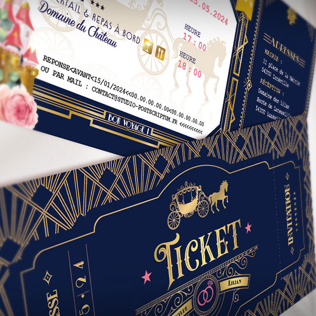 Faire-part de mariage princesse Disney bleu et or doré - Invitation ticket thème château la belle au bois dormant disneyland - ticket or