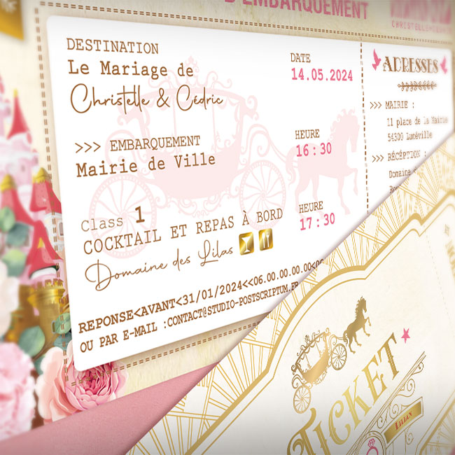 Faire-part de mariage princesse Disney original beige, rose et or doré - Invitation ticket thème château la belle au bois dormant disneyland - ticket or