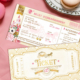 Faire-part de mariage princesse Disney original beige, rose et or doré - Invitation ticket thème château la belle au bois dormant disneyland - ticket or