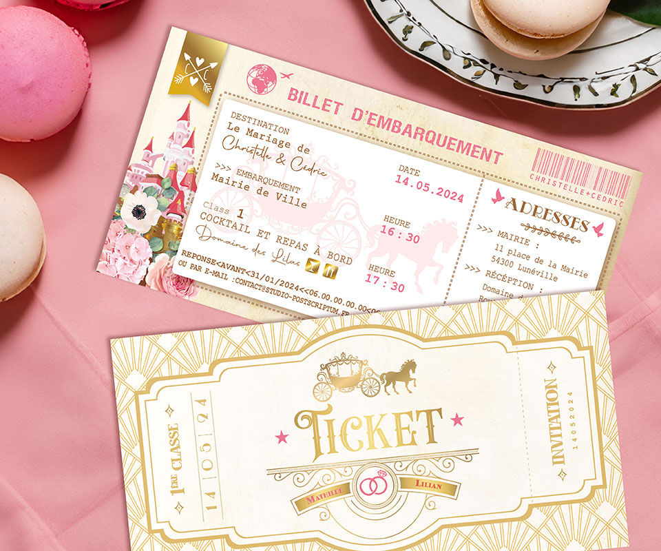 Faire-part de mariage princesse Disney original beige, rose et or doré - Invitation ticket thème château la belle au bois dormant disneyland - ticket or