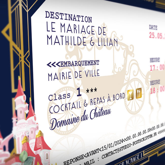 Faire-part de mariage princesse Disney bleu et or doré - Invitation ticket thème château la belle au bois dormant disneyland - ticket or