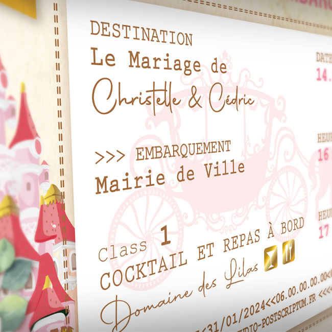 Faire-part de mariage princesse Disney original beige, rose et or doré - Invitation ticket thème château la belle au bois dormant disneyland - ticket or