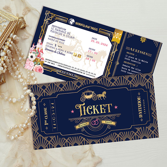 Faire-part de mariage princesse Disney bleu et or doré - Invitation ticket thème château la belle au bois dormant disneyland - ticket or