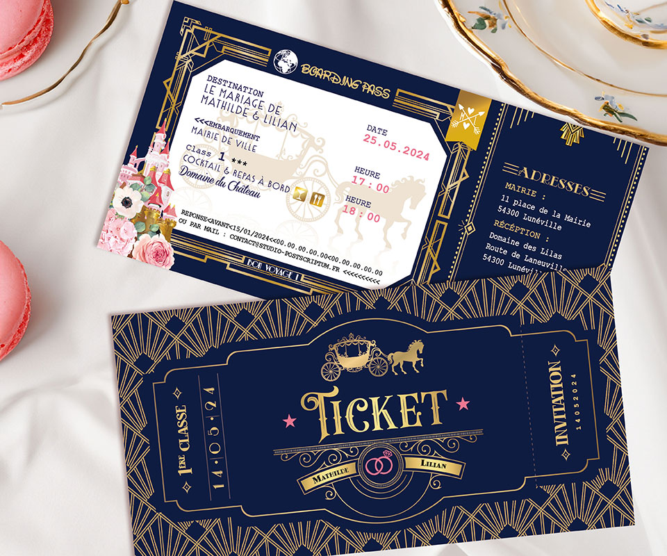 Faire-part de mariage princesse Disney bleu et or doré - Invitation ticket thème château la belle au bois dormant disneyland - ticket or