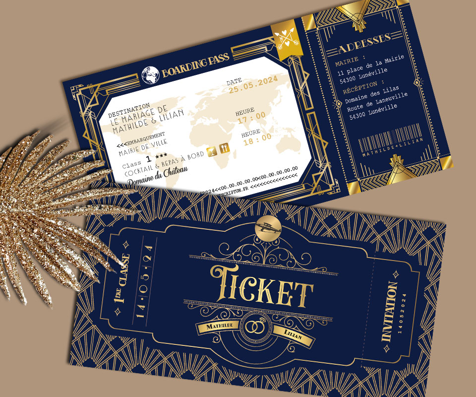 Faire-part de mariage rétro années 20 bleu et or doré sous forme de billet de train ou d’avion - thème années folles, Gatsby, Peaky Blinders original avec décoration art déco - voyage dans le temps