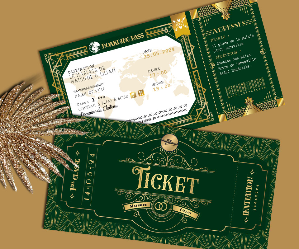 Faire-part de mariage rétro années 20 vert et or sous forme de billet de train ou d’avion - thème années folles, Gatsby, Peaky Blinders original avec décoration art déco - voyage dans le temps