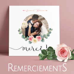 Carte de remerciement de mariage champêtre chic originale réalisée avec vos photos de mariage pour dire un grand merci à vos invités. Découpe en forme de rondelle de bois avec fleurs bohème chic rose pastel poudré - style champêtre chic, campagne rustique. Avec fleurs bohème chic rose pastel poudré et fond bleu nuit foncé, gatsby rétro …Création studio postscriptum