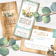 Coupons réponse RSVP et ticket repas et ticket brunch mariage hiver original – découpe en forme de rondelle de bois or doré pommes de pin, oiseaux, branches de sapin chic - style champêtre neige chic, campagne rustique et bohème. Couleurs bleu vert mint. Création de Pamela Gonzalez pour le studio postscriptum