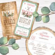 Coupons réponse RSVP et ticket repas et ticket brunch mariage hiver original – découpe en forme de rondelle de bois or doré pommes de pin, oiseaux, branches de sapin chic - style champêtre neige chic, campagne rustique et bohème. Couleurs bleu vert mint. Création de Pamela Gonzalez pour le studio postscriptum