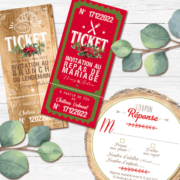 Coupons réponse RSVP et ticket repas et ticket brunch mariage hiver original – découpe en forme de rondelle de bois or doré fleurs de Noël rouge, poinsettia, pommes de pin, oiseaux, branches de sapin chic - style champêtre neige chic, campagne rustique et bohème. Couleurs rouge vert mint et sapin Création de Pamela Gonzalez pour le studio postscriptum