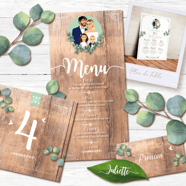 Décoration de mariage bohème chic pastel original – annonce mariage par enfant - minimaliste élégant chic Plan de table bohème, menu, marque-place couleurs vintage bois vintage rose pastel et eucalyptus vert mint Création Pamela Gonzalez pour le Studio-postscriptum