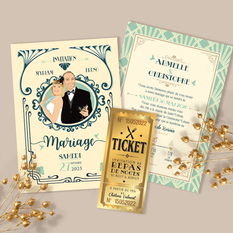 Faire-part de mariage Art Déco vert et beige avec portraits personnalisés style années 20 et invitation ticket d'or.