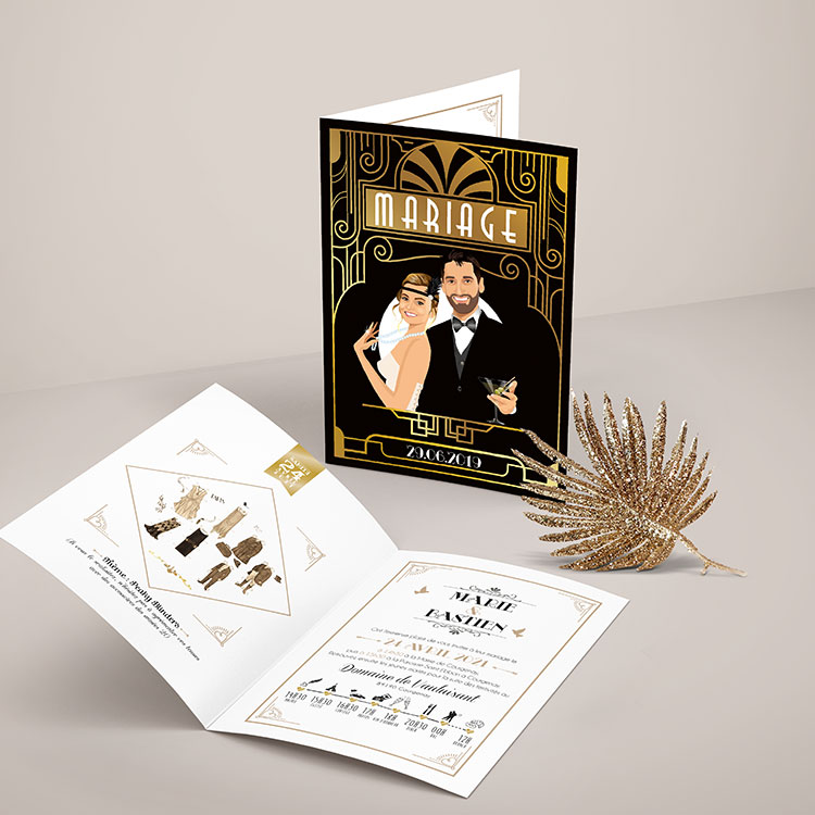Faire-part de mariage Art Déco avec portraits de mariés illustrés style années folles, couleurs noir et or.