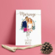 Faire-part de mariage bohème original, thème attrape-rêves et plumes. Invitation élégante et chic avec illustration couple en dessin d’après vos photos. Fleurs couleurs rose pastel et fuschsia et feuilles d'eucalyptus