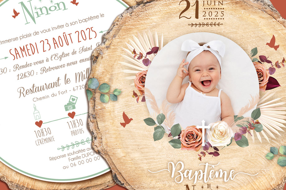 Faire-part de baptême original bohème découpé en forme de rondelle de bois avec les photos de votre bébé fille ou bébé garçon, jumeaux ou jumelles - modèle avec fleurs séchées de pampa et eucalyptus bohème - terracotta et sauge avec rose poudré pastel - style champêtre chic, campagne rustique. © studio postscriptum