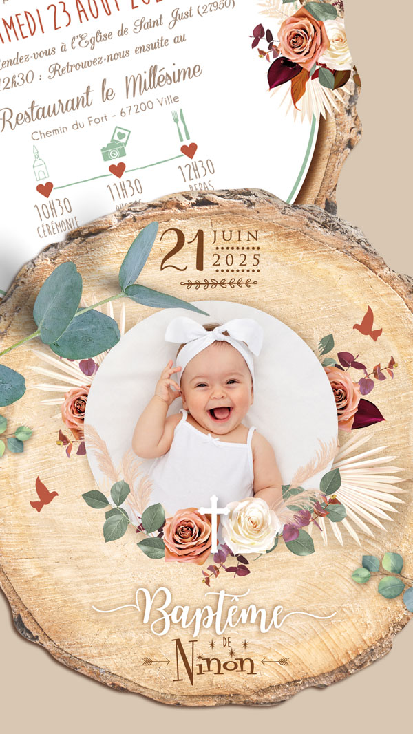 Faire-part de baptême original bohème découpé en forme de rondelle de bois avec les photos de votre bébé fille ou bébé garçon, jumeaux ou jumelles - modèle avec fleurs séchées de pampa et eucalyptus bohème - terracotta et sauge avec rose poudré pastel - style champêtre chic, campagne rustique. © studio postscriptum