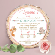 Faire-part de baptême original bohème attrape rêves mignon – jolies invitations papier cartonné découpé en forme de rondelle de bois avec les photos de votre bébé fille ou bébé garçon, jumeaux ou jumelles - modèle avec attrape rêve et fleurs bohème rose poudré pastel tendre et dessins de renard et de hiboux - style champêtre chic, campagne rustique. © studio postscriptum