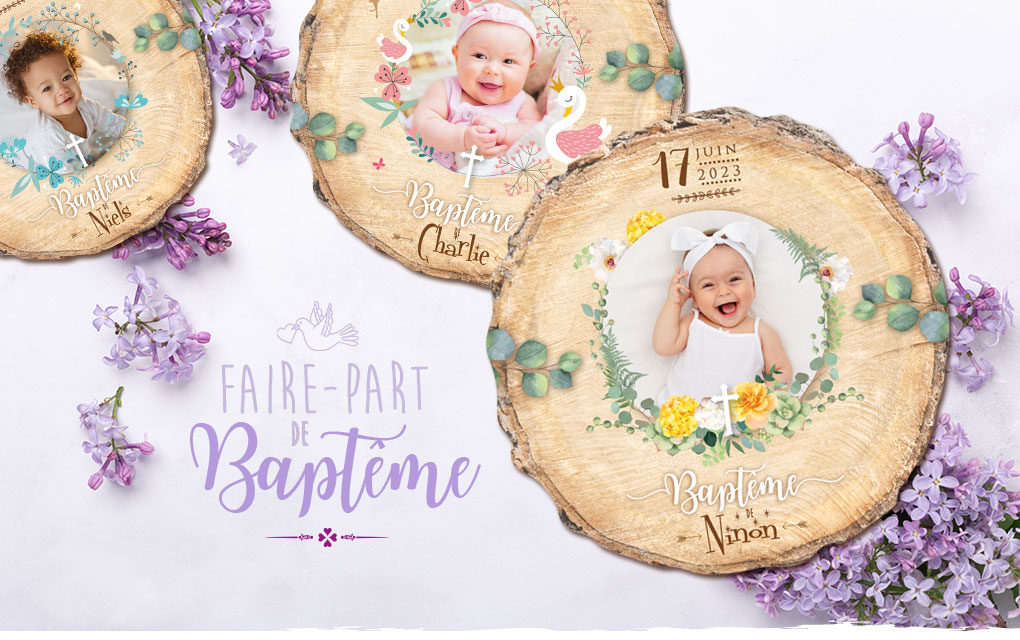 Faire-part de baptême original – jolies invitations papier cartonné découpé en forme de rondelle de bois avec les photos de votre bébé fille ou bébé garçon, jumeaux ou jumelles - modèle avec photo de votre enfant - couleur bleu tendre, rose poudré pastel , mint - style champêtre chic, bohème adorable © studio postscriptum